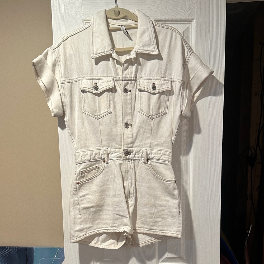 Zara Cream Short Sleeve Denim Romper